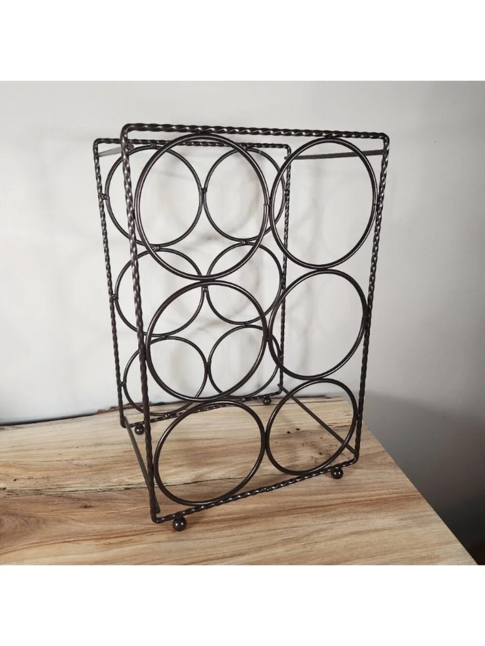 New 6 wine rack, oil‎ rubbed bronze twisted metal detail circular feet bnib